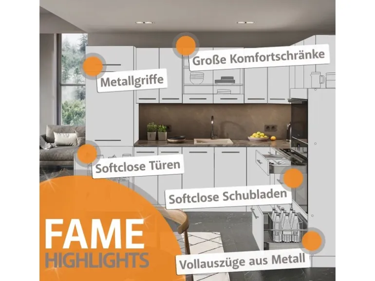 Vicco Fame-Line Küchenzeile Goldkraft Eiche/Anthrazit 280 cm AP Anthrazit ohne E-Geräte