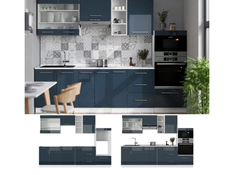 Vicco Fame-Line Küchenzeile Dunkelblau Hochglanz/Weiß 280 cm ohne Arbeitsplatte ohne E-Geräte