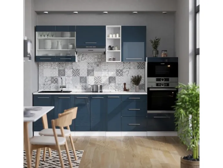 Vicco Fame-Line Küchenzeile Dunkelblau Hochglanz/Weiß 280 cm ohne Arbeitsplatte ohne E-Geräte