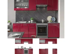 Vicco Fame-Line Küchenzeile Bordeaux Hochglanz 240 cm AP Eiche ohne E-Geräte