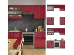 Vicco Fame-Line Küchenzeile Bordeaux Hochglanz/Anthrazit 200 cm AP Anthrazit ohne E-Geräte