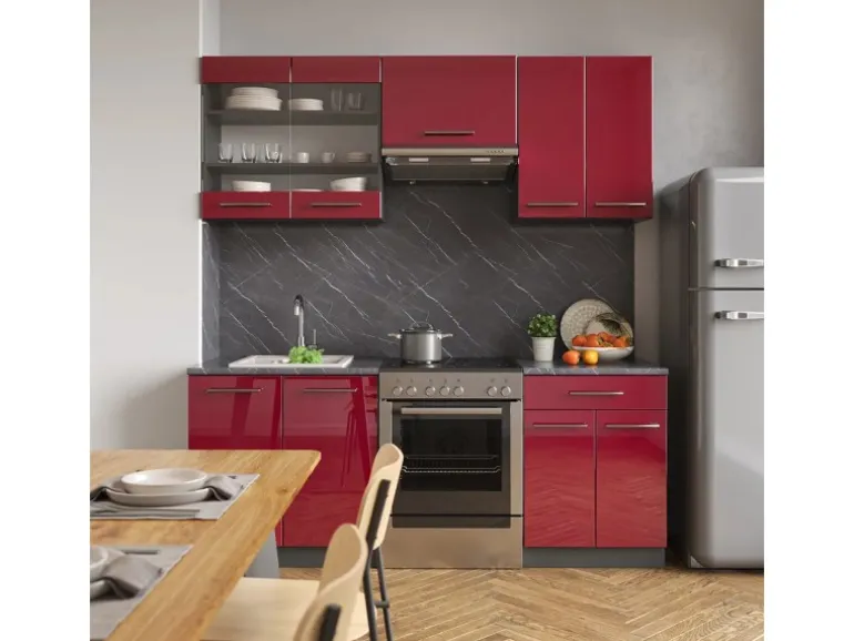 Vicco Fame-Line Küchenzeile Bordeaux Hochglanz/Anthrazit 200 cm AP Anthrazit ohne E-Geräte