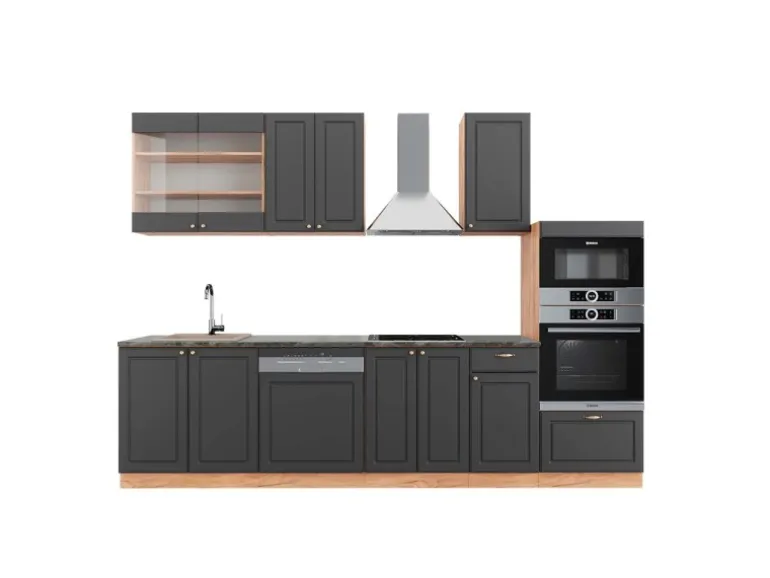 Vicco Fame-Line Küchenzeile Anthrazit Landhaus/Goldkraft Eiche 300 cm mit HochschrankAP Anthrazit ohne E-Geräte