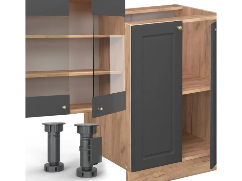 Vicco Fame-Line Küchenzeile Anthrazit Landhaus/Goldkraft Eiche 300 cm mit HochschrankAP Anthrazit ohne E-Geräte