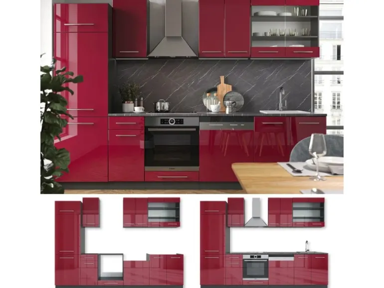 Vicco Fame-Line Küchenzeile Bordeaux Hochglanz/Anthrazit 300 cm ohne Arbeitsplatte ohne E-Geräte