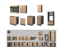 Vicco Fame-Line Küchenzeile Goldkraft Eiche/Anthrazit 300 cm mit Hochschrankohne Arbeitsplatte ohne E-Geräte