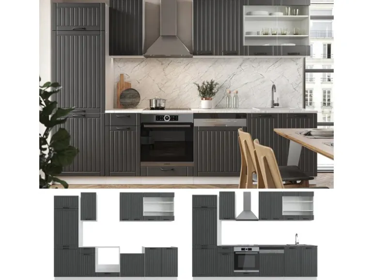 Vicco Fame-Line Küchenzeile Anthrazit Landhaus/Weiß 300 cm ohne Arbeitsplatte ohne E-Geräte