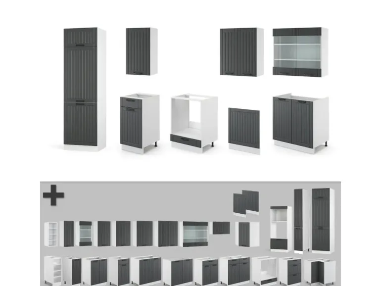 Vicco Fame-Line Küchenzeile Anthrazit Landhaus/Weiß 300 cm ohne Arbeitsplatte ohne E-Geräte