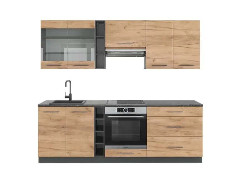Vicco Fame-Line Küchenzeile Goldkraft Eiche/Anthrazit 235 cm ohne Arbeitsplatte ohne E-Geräte
