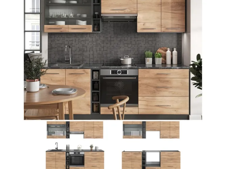 Vicco Fame-Line Küchenzeile Goldkraft Eiche/Anthrazit 235 cm ohne Arbeitsplatte ohne E-Geräte