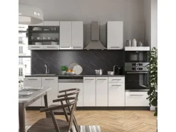 Vicco Fame-Line Küchenzeile Weiß Hochglanz/Anthrazit 300 cm mit HochschrankAP Marmor ohne E-Geräte