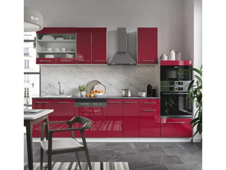 Vicco Fame-Line Küchenzeile Bordeaux Hochglanz/Weiß 300 cm mit Hochschrankohne Arbeitsplatte ohne E-Geräte