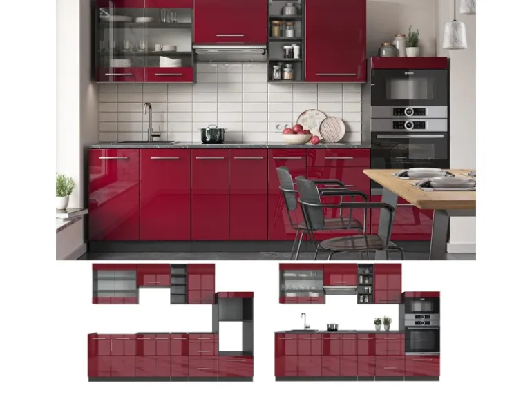 Vicco Fame-Line Küchenzeile Bordeaux Hochglanz/Anthrazit 280 cm ohne Arbeitsplatte ohne E-Geräte