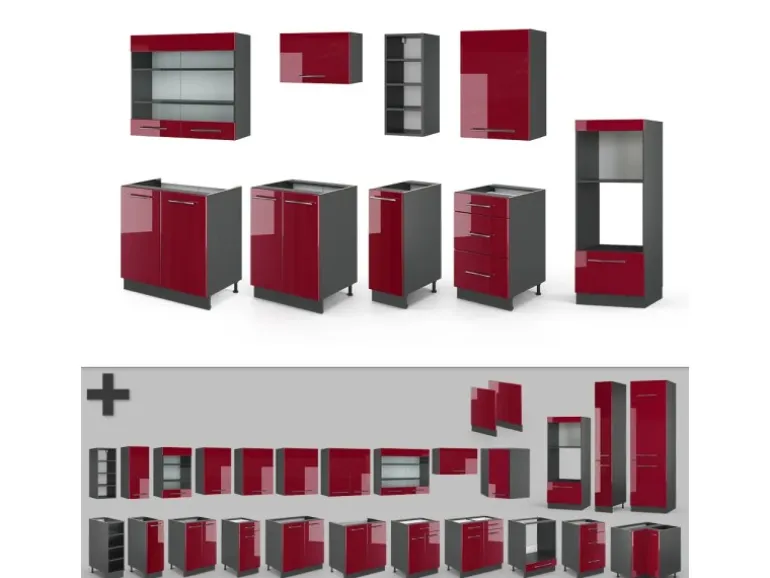 Vicco Fame-Line Küchenzeile Bordeaux Hochglanz/Anthrazit 280 cm ohne Arbeitsplatte ohne E-Geräte