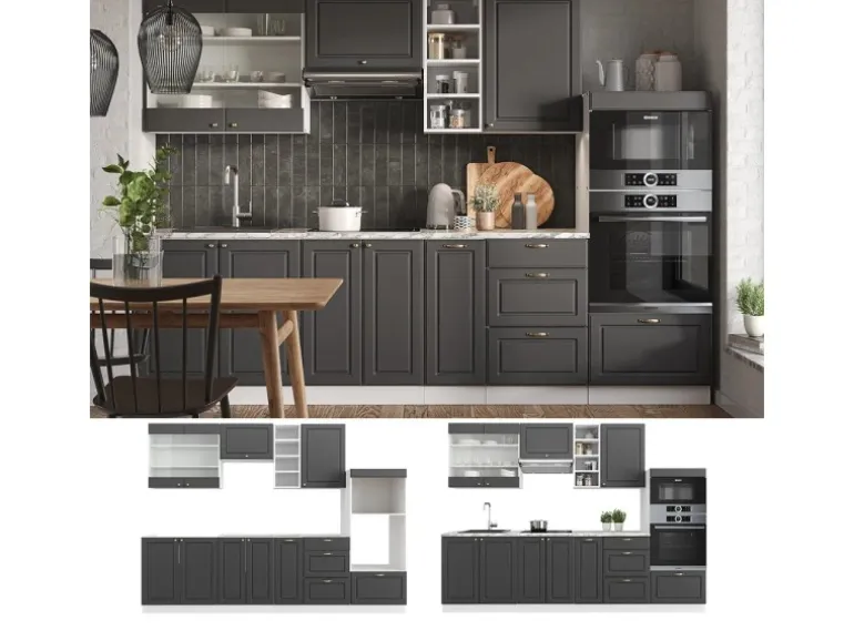 Vicco Fame-Line Küchenzeile Anthrazit Landhaus/Weiß 280 cm ohne Arbeitsplatte ohne E-Geräte