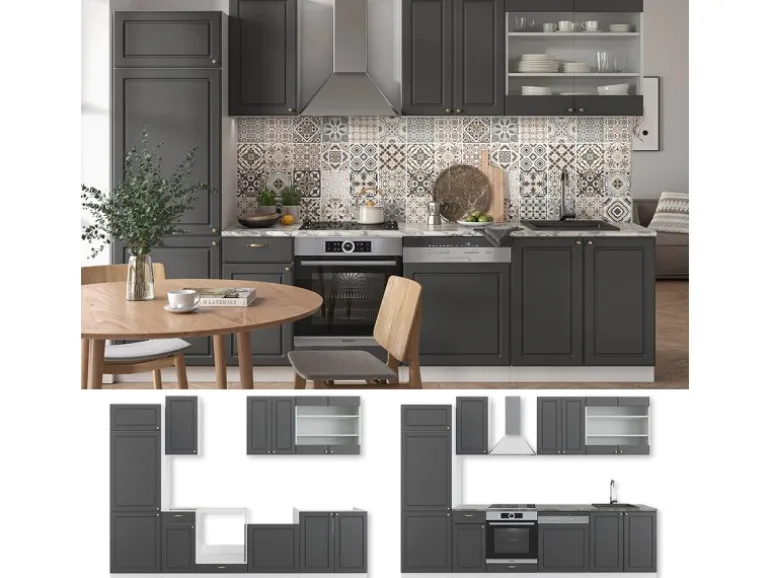 Vicco Fame-Line Küchenzeile Anthrazit-Gold/Weiß 300 cm AP Eiche ohne E-Geräte