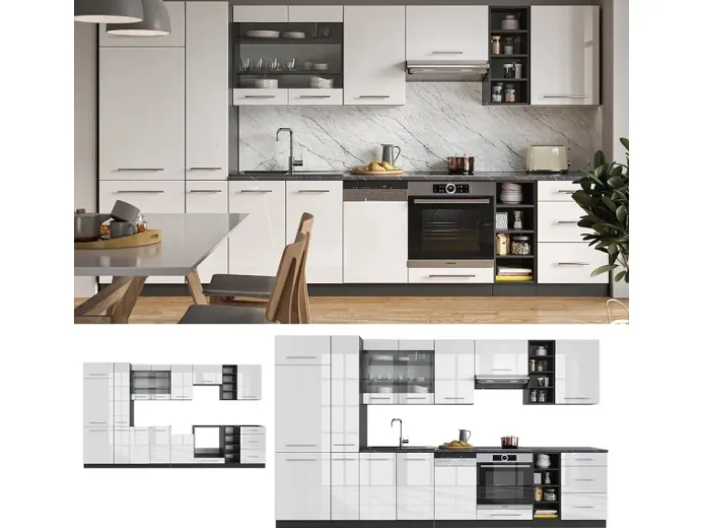 Vicco Fame-Line Küchenzeile Weiß Hochglanz/Anthrazit 355 cm AP Anthrazit ohne E-Geräte