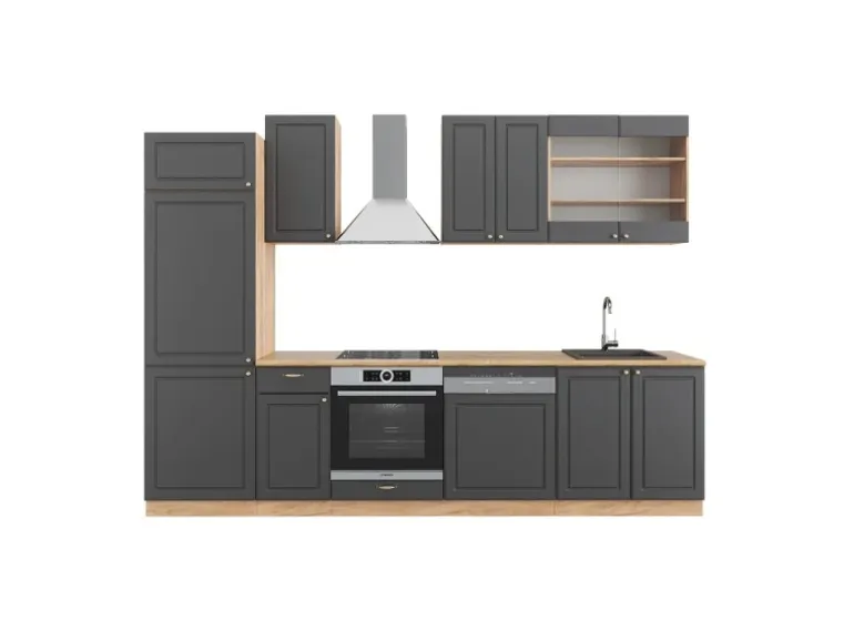 Vicco Fame-Line Küchenzeile Anthrazit Landhaus/Goldkraft Eiche 300 cm ohne Arbeitsplatte ohne E-Geräte