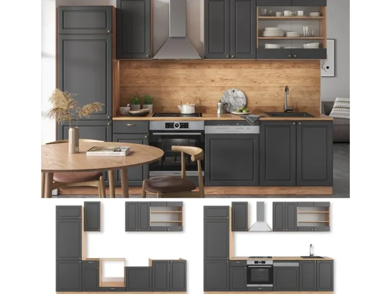 Vicco Fame-Line Küchenzeile Anthrazit Landhaus/Goldkraft Eiche 300 cm ohne Arbeitsplatte ohne E-Geräte