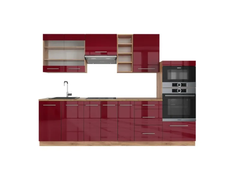 Vicco Fame-Line Küchenzeile Bordeaux Hochglanz/Goldkraft Eiche 280 cm ohne Arbeitsplatte ohne E-Geräte