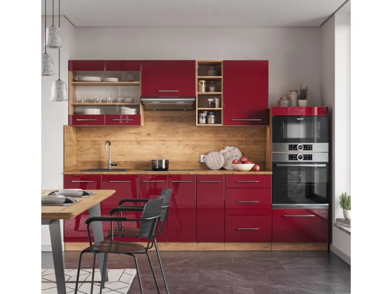 Vicco Fame-Line Küchenzeile Bordeaux Hochglanz/Goldkraft Eiche 280 cm ohne Arbeitsplatte ohne E-Geräte