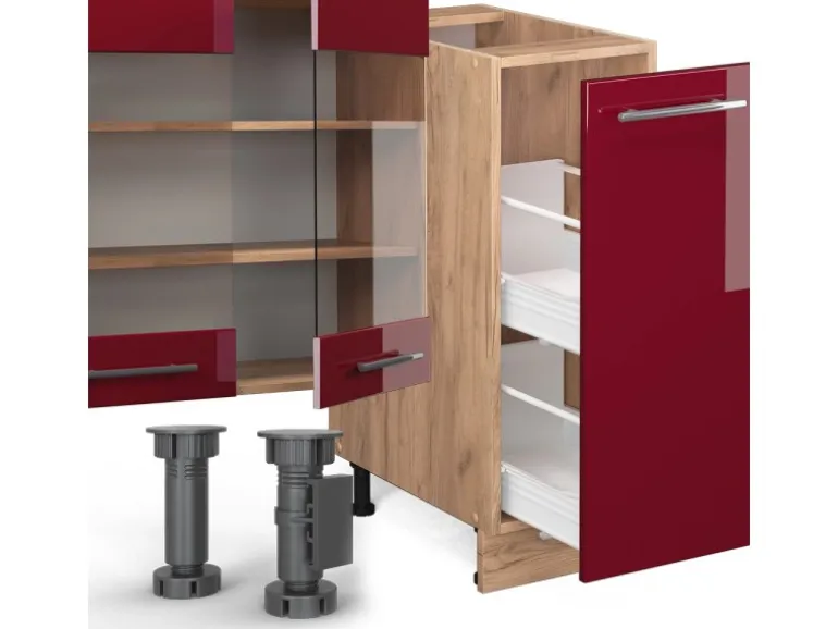 Vicco Fame-Line Küchenzeile Bordeaux Hochglanz/Goldkraft Eiche 280 cm ohne Arbeitsplatte ohne E-Geräte