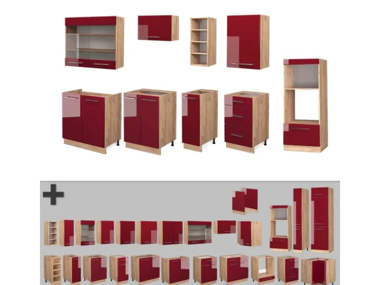 Vicco Fame-Line Küchenzeile Bordeaux Hochglanz/Goldkraft Eiche 280 cm ohne Arbeitsplatte ohne E-Geräte