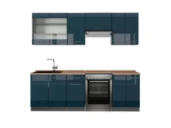 Vicco Fame-Line Küchenzeile Dunkelblau Hochglanz/Anthrazit 240 cm AP Eiche ohne E-Geräte