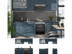 Vicco Fame-Line Küchenzeile Dunkelblau Hochglanz/Anthrazit 240 cm AP Eiche ohne E-Geräte