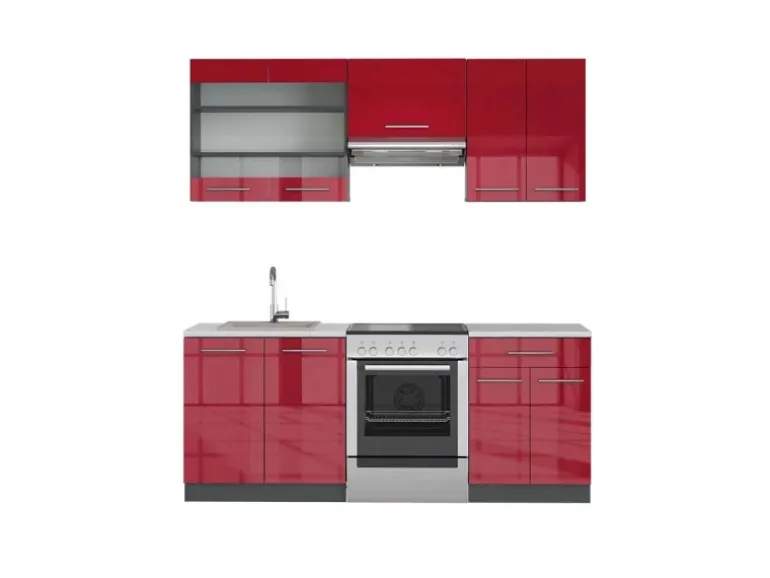 Vicco Fame-Line Küchenzeile Bordeaux Hochglanz/Anthrazit 200 cm AP Marmor ohne E-Geräte