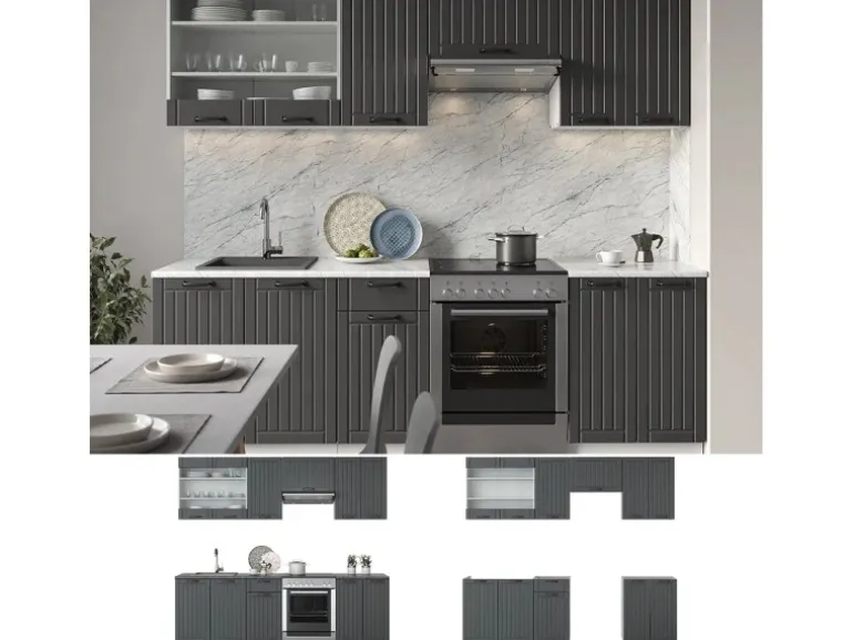 Vicco Fame-Line Küchenzeile Anthrazit Landhaus/Weiß 240 cm ohne Arbeitsplatte ohne E-Geräte