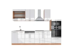 Vicco Fame-Line Küchenzeile Weiß Hochglanz/Goldkraft Eiche 300 cm mit HochschrankAP Marmor ohne E-Geräte