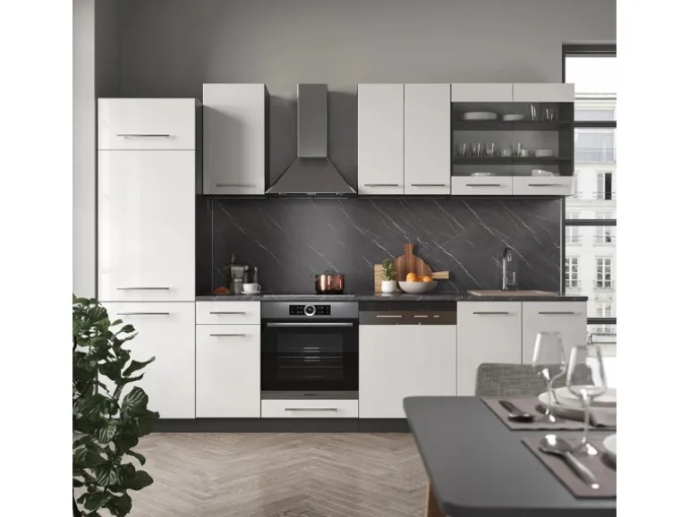 Vicco Fame-Line Küchenzeile Weiß Hochglanz/Anthrazit 300 cm AP Marmor ohne E-Geräte