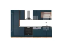 Vicco Fame-Line Küchenzeile Dunkelblau Hochglanz/Goldkraft Eiche 300 cm AP Marmor ohne E-Geräte