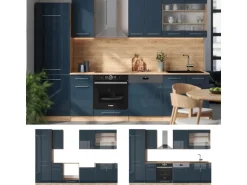 Vicco Fame-Line Küchenzeile Dunkelblau Hochglanz/Goldkraft Eiche 300 cm AP Marmor ohne E-Geräte