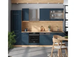 Vicco Fame-Line Küchenzeile Dunkelblau Hochglanz/Goldkraft Eiche 300 cm AP Marmor ohne E-Geräte