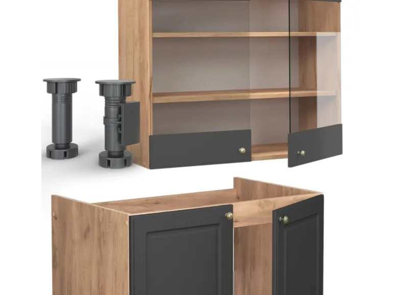 Vicco Fame-Line Küchenzeile Anthrazit Landhaus/Goldkraft Eiche 235 cm AP Anthrazit ohne E-Geräte