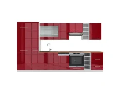 Vicco Fame-Line Küchenzeile Bordeaux Hochglanz/Weiß 355 cm AP Eiche ohne E-Geräte