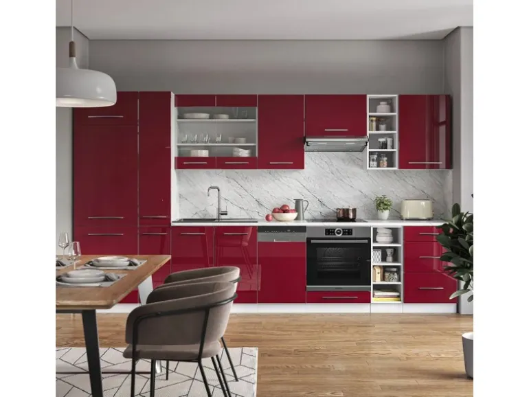 Vicco Fame-Line Küchenzeile Bordeaux Hochglanz/Weiß 355 cm AP Eiche ohne E-Geräte