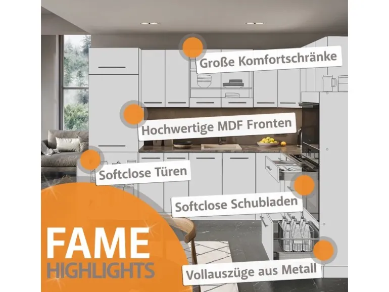 Vicco Fame-Line Küchenzeile Anthrazit Landhaus/Goldkraft Eiche 235 cm ohne Arbeitsplatte ohne E-Geräte