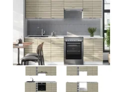 Vicco Fame-Line Küchenzeile Eiche Paneel/Weiß 235 cm AP Marmor ohne E-Geräte