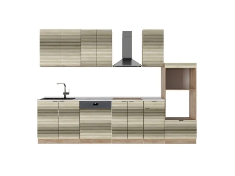 Vicco Fame-Line Küchenzeile Eiche Paneel/Goldkraft Eiche 300 cm mit HochschrankAP Marmor ohne E-Geräte