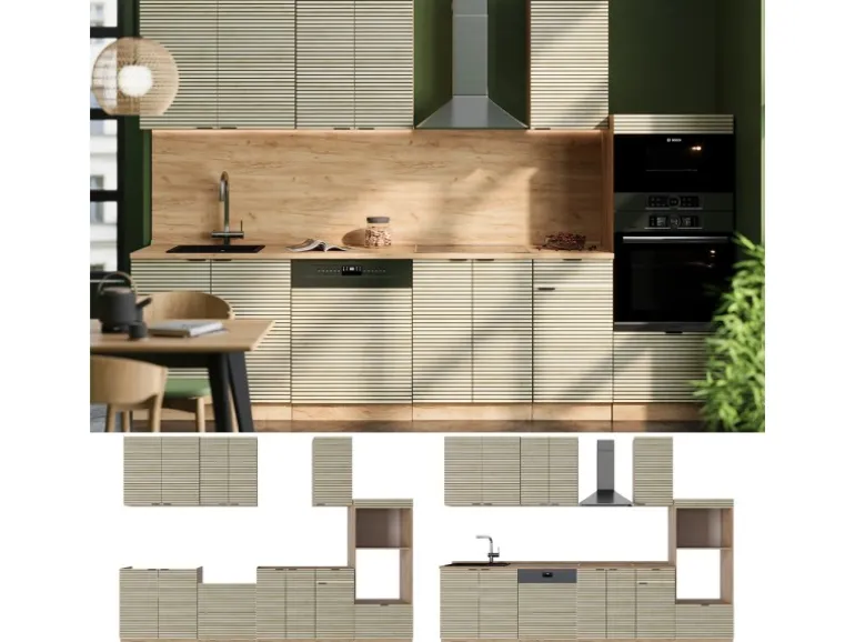 Vicco Fame-Line Küchenzeile Eiche Paneel/Goldkraft Eiche 300 cm mit HochschrankAP Marmor ohne E-Geräte