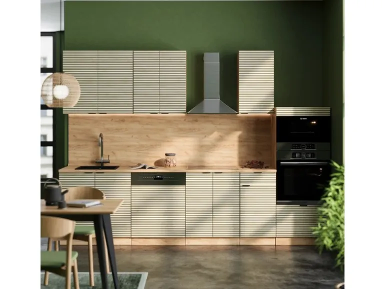 Vicco Fame-Line Küchenzeile Eiche Paneel/Goldkraft Eiche 300 cm mit HochschrankAP Marmor ohne E-Geräte