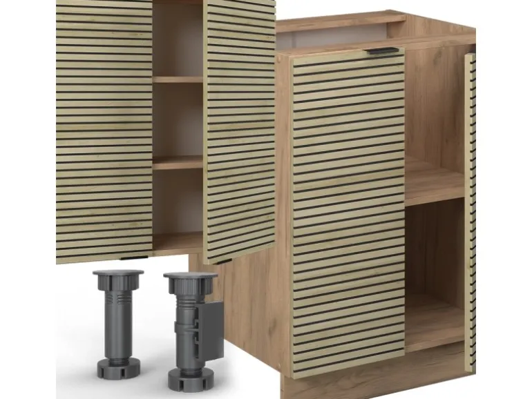 Vicco Fame-Line Küchenzeile Eiche Paneel/Goldkraft Eiche 300 cm mit HochschrankAP Marmor ohne E-Geräte