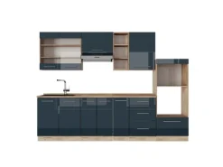 Vicco Fame-Line Küchenzeile Dunkelblau Hochglanz/Goldkraft Eiche 280 cm ohne Arbeitsplatte ohne E-Geräte