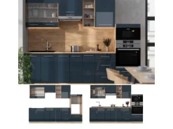 Vicco Fame-Line Küchenzeile Dunkelblau Hochglanz/Goldkraft Eiche 280 cm ohne Arbeitsplatte ohne E-Geräte