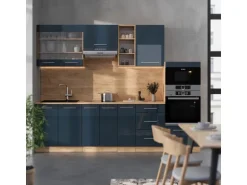 Vicco Fame-Line Küchenzeile Dunkelblau Hochglanz/Goldkraft Eiche 280 cm ohne Arbeitsplatte ohne E-Geräte