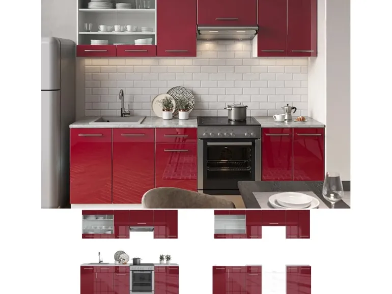 Vicco Fame-Line Küchenzeile Bordeaux Hochglanz/Weiß 240 cm AP Anthrazit ohne E-Geräte