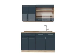 Vicco Fame-Line Küchenzeile Dunkelblau Hochglanz/Goldkraft Eiche 140 cm ohne Arbeitsplatte ohne E-Geräte